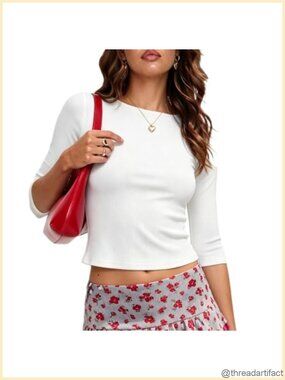 Women 3/4 Sleeve Ribbed Boat Neck Crop Top Fitted Basic Tee